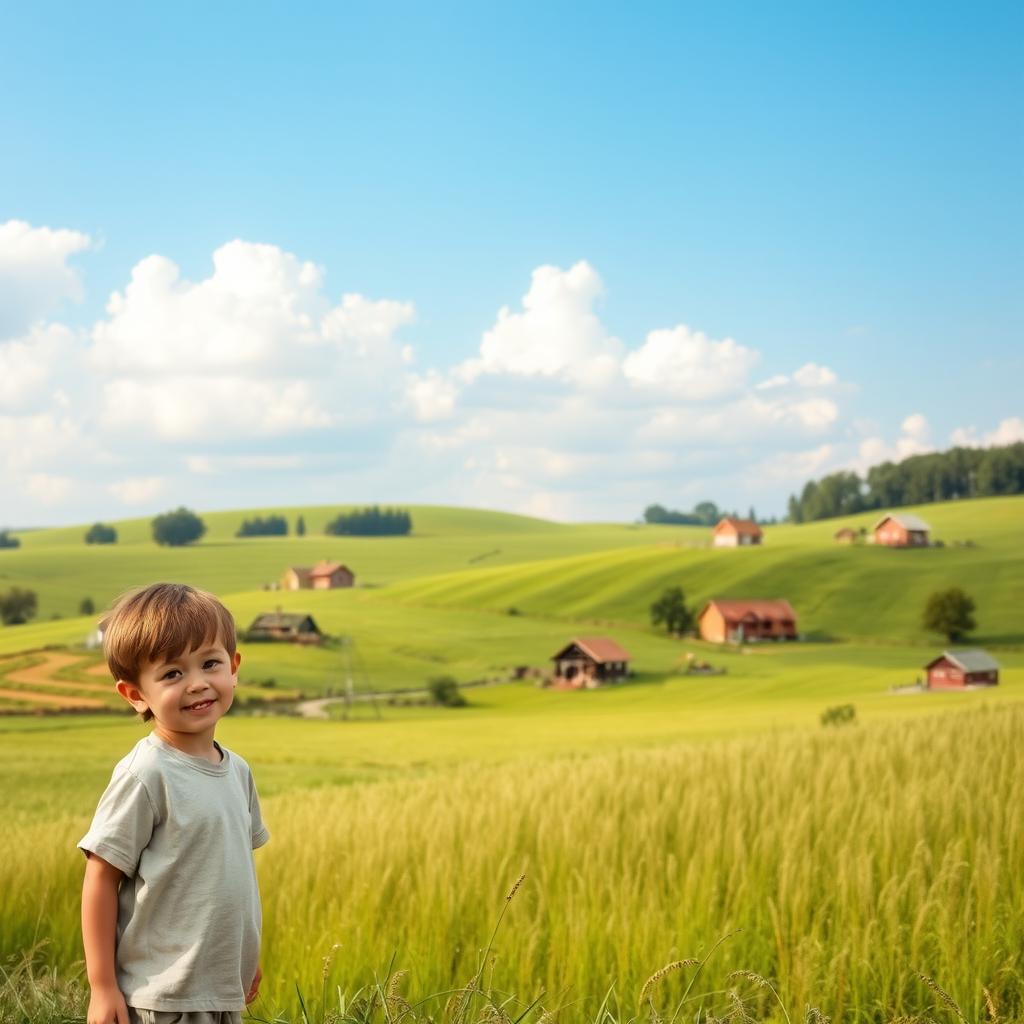 A beautiful rural landscape with lush green fields and charming rural houses scattered throughout