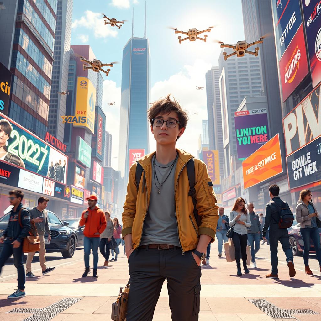 A futuristic scene depicting a person who has traveled to the year 2027