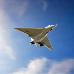 The iconic Concorde, in full flight, soaring through a clear blue sky. Its sleek, supersonic design illuminated by the radiance of the sunlight.