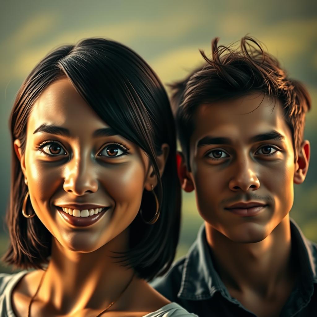 An artistic portrait showcasing two individuals, one on the left side with both eyes wide open and equally expressive, and another on the right side with a relaxed, enchanting gaze