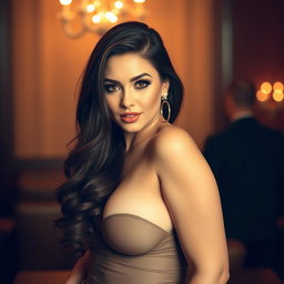 A beautiful, voluptuous woman with an enticing, curvy figure, dressed in minimal clothing, showcasing her ample bosom