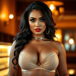 A beautiful, voluptuous woman with an enticing, curvy figure, dressed in minimal clothing, showcasing her ample bosom