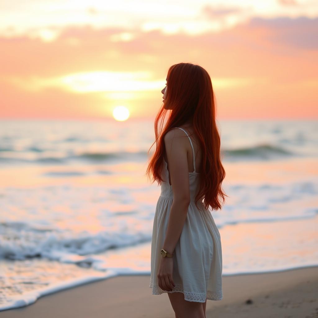 A girl with striking red hair, flowing elegantly down her back, standing on a sandy beach during sunset