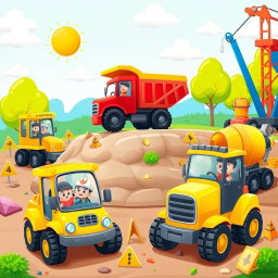 A lively construction site scene filled with various colorful vehicles including a bright yellow bulldozer, a red dump truck, a blue crane, and an orange concrete mixer
