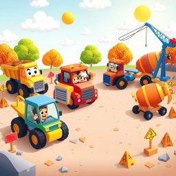 A lively construction site scene filled with various colorful vehicles including a bright yellow bulldozer, a red dump truck, a blue crane, and an orange concrete mixer