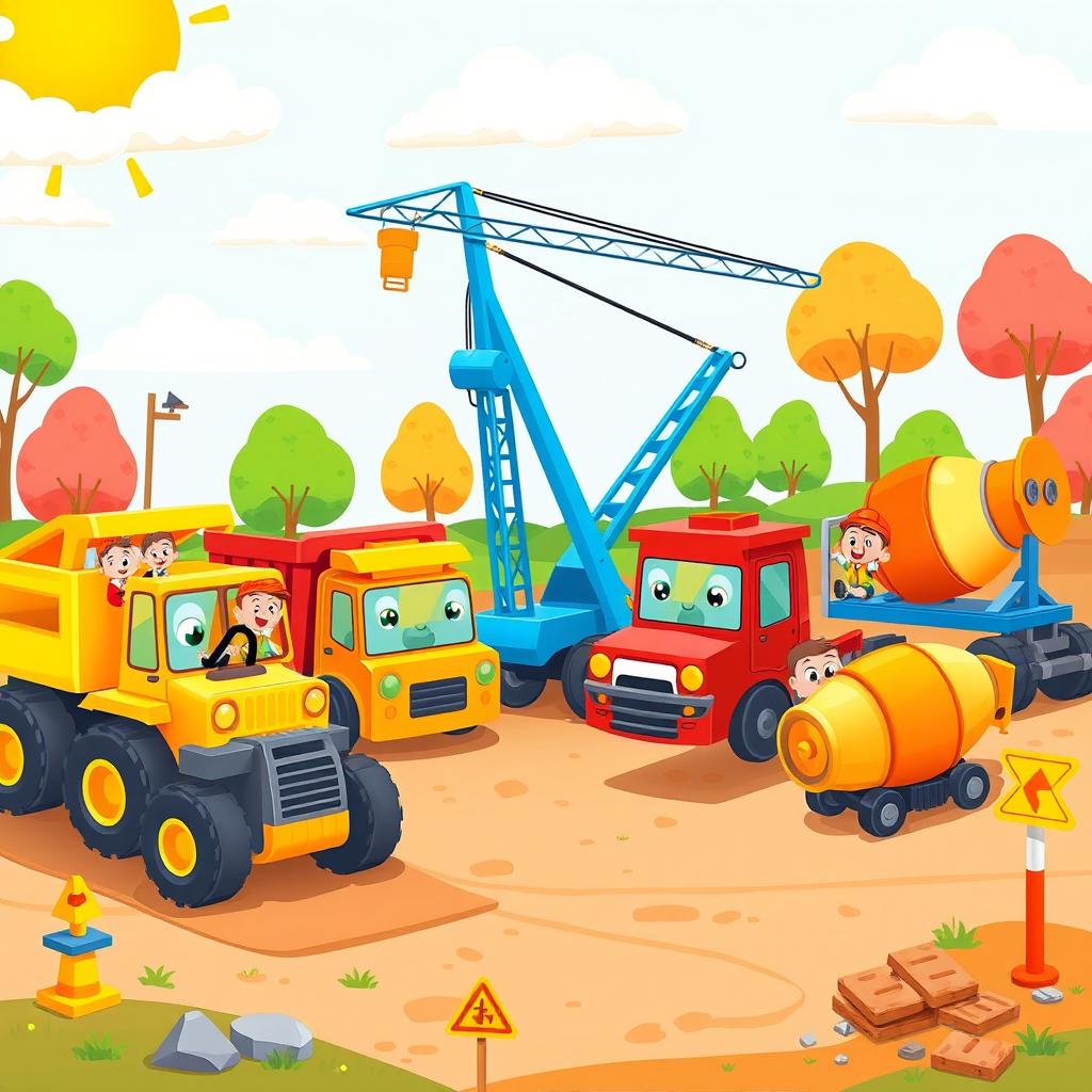 A lively construction site scene filled with various colorful vehicles including a bright yellow bulldozer, a red dump truck, a blue crane, and an orange concrete mixer