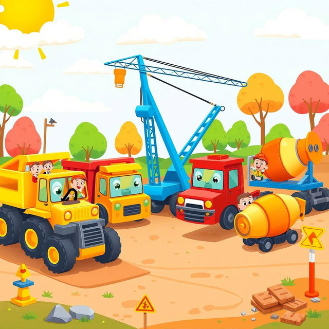 A lively construction site scene filled with various colorful vehicles including a bright yellow bulldozer, a red dump truck, a blue crane, and an orange concrete mixer