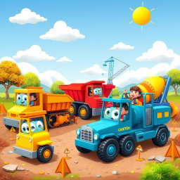 A lively construction site scene filled with various colorful vehicles including a bright yellow bulldozer, a red dump truck, a blue crane, and an orange concrete mixer