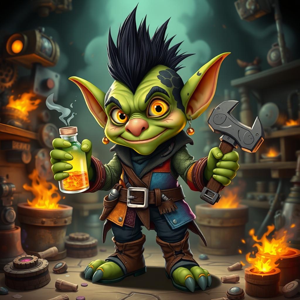 A 1-meter-tall goblin with moss-green skin and dark patches, sporting a spiky black mohawk