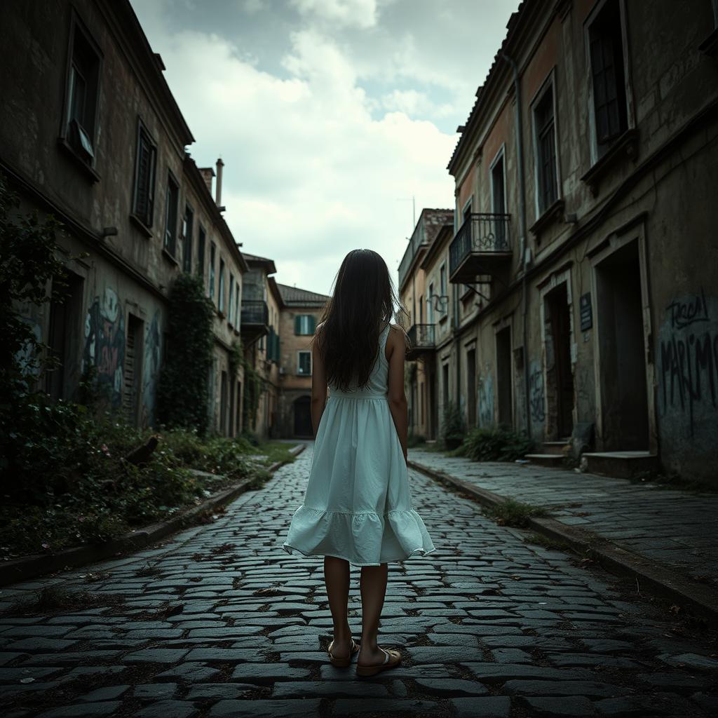 A girl standing in a scary, abandoned neighborhood in Italy, with crumbling buildings and overgrown vegetation