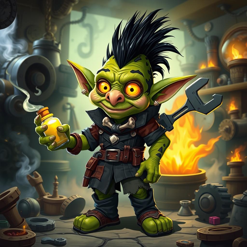 A 1-meter-tall goblin with moss-green skin and dark patches, featuring a spiky black mohawk