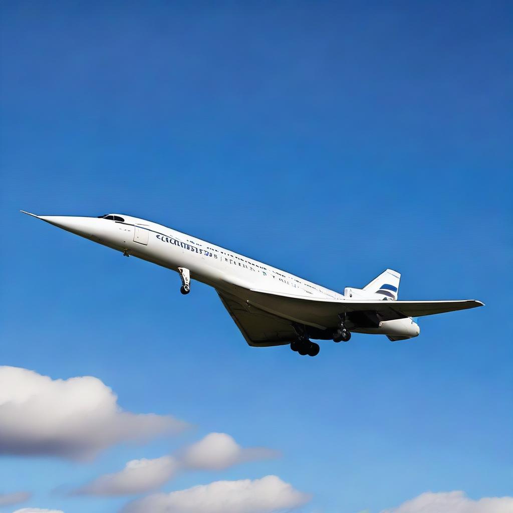 The iconic Concorde, in full flight, soaring through a clear blue sky. Its sleek, supersonic design illuminated by the radiance of the sunlight.