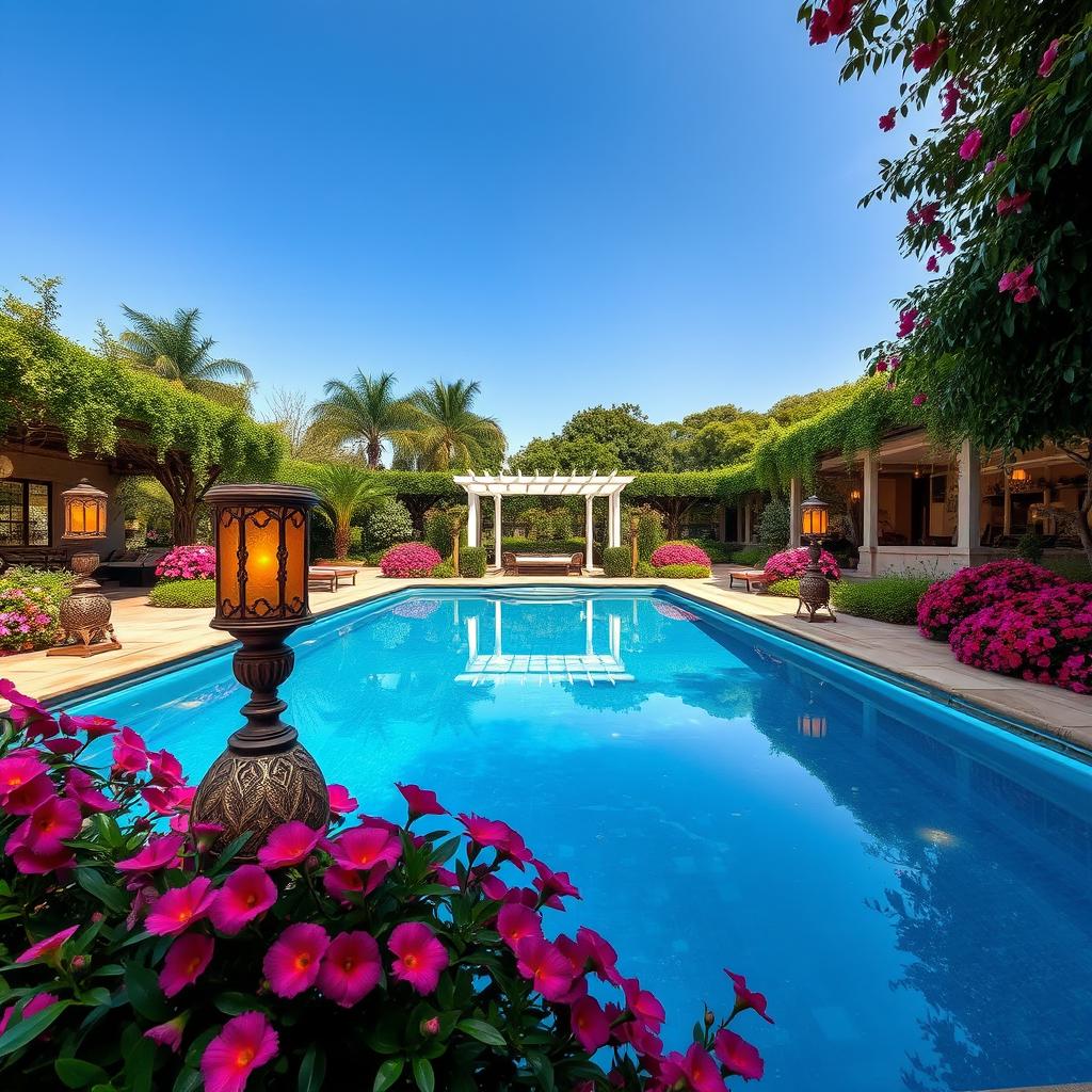 A stunningly beautiful garden featuring a large, sparkling pool surrounded by lush greenery and vibrant flowers