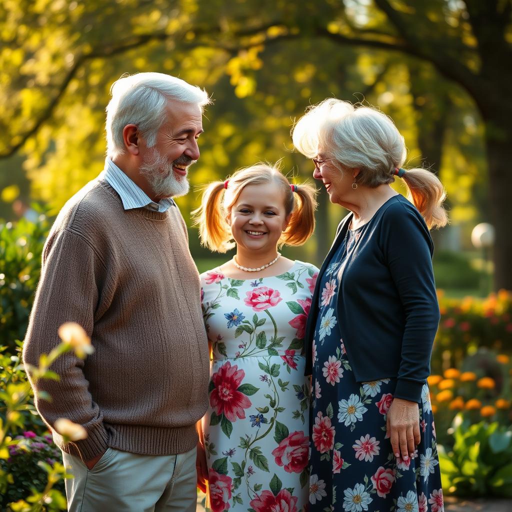 A charming scene featuring a young girl standing on the right side, positioned between an elderly man and woman