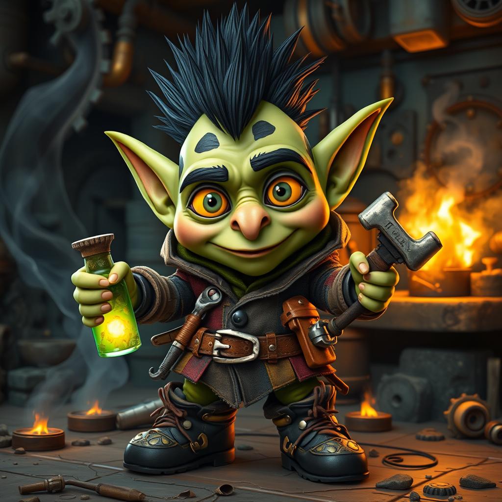 A 1-meter-tall goblin with moss-green skin featuring dark patches, and a striking spiky black mohawk