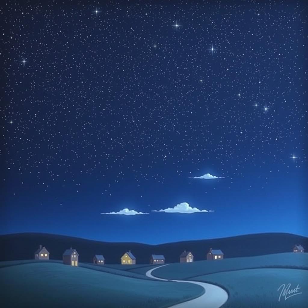A serene nighttime village scene under a magnificent sky filled with brilliant, twinkling stars
