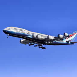 A majestic Boeing 747 in mid-flight against a clear sky. The large, four-engine jetliner sparkles under the sunlight as it cruises at a high altitude.