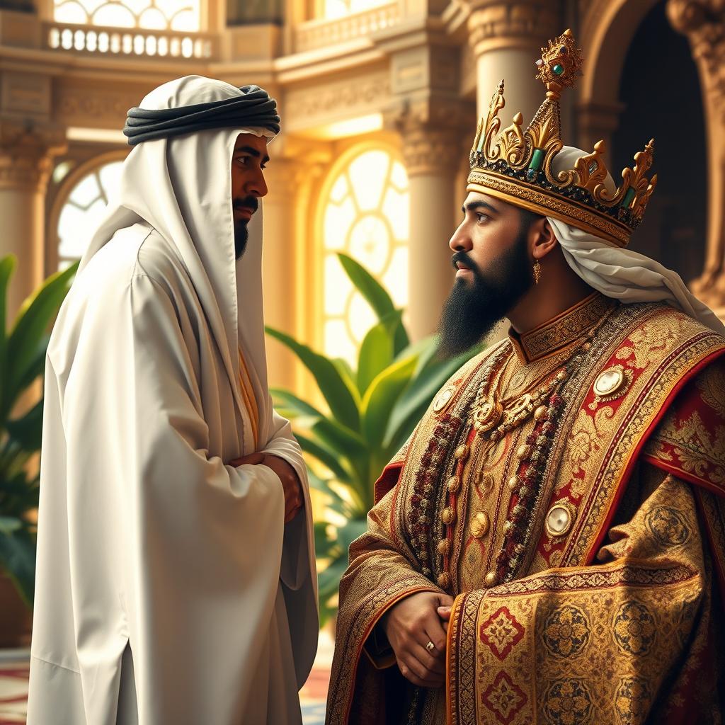 An elegant scene featuring a wise Sheikh in traditional attire engaged in a thoughtful conversation with a regal King, beautifully detailed