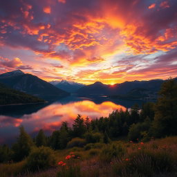 An ultra-detailed HDR landscape capturing a breathtaking sunset over a serene lake surrounded by majestic mountains