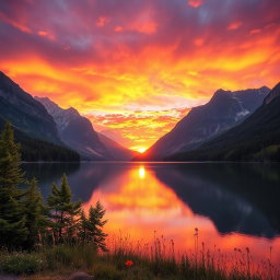 An ultra-detailed HDR landscape capturing a breathtaking sunset over a serene lake surrounded by majestic mountains