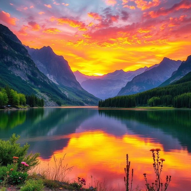 An ultra-detailed HDR landscape capturing a breathtaking sunset over a serene lake surrounded by majestic mountains