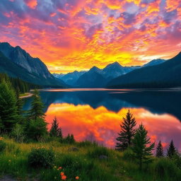 An ultra-detailed HDR landscape capturing a breathtaking sunset over a serene lake surrounded by majestic mountains