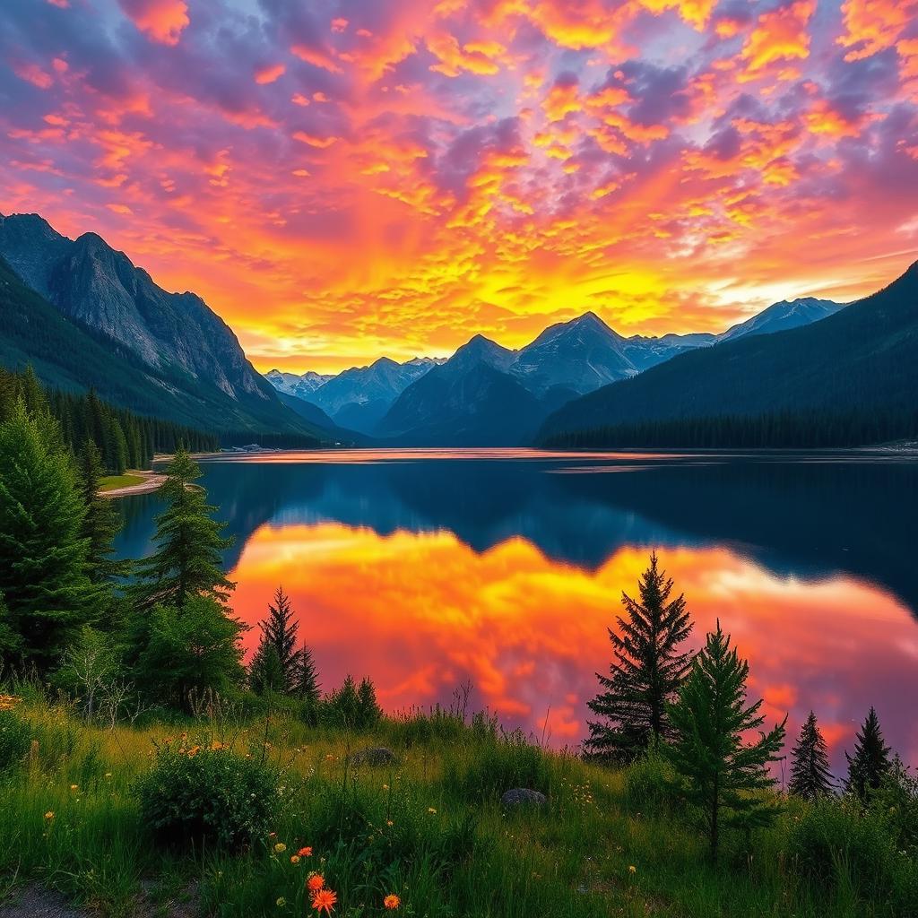 An ultra-detailed HDR landscape capturing a breathtaking sunset over a serene lake surrounded by majestic mountains