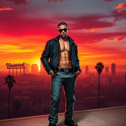 A stunning San Andreas-themed background for a model poster, showcasing a dramatic sunset over a sprawling Los Santos skyline