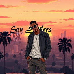 A stunning San Andreas-themed background for a model poster, showcasing a dramatic sunset over a sprawling Los Santos skyline