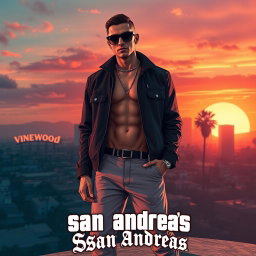 A stunning San Andreas-themed background for a model poster, showcasing a dramatic sunset over a sprawling Los Santos skyline