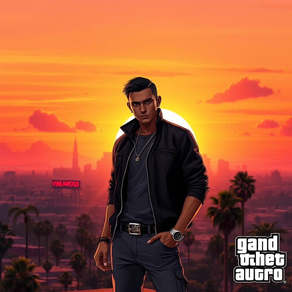 A stunning San Andreas-themed background for a model poster, showcasing a dramatic sunset over a sprawling Los Santos skyline