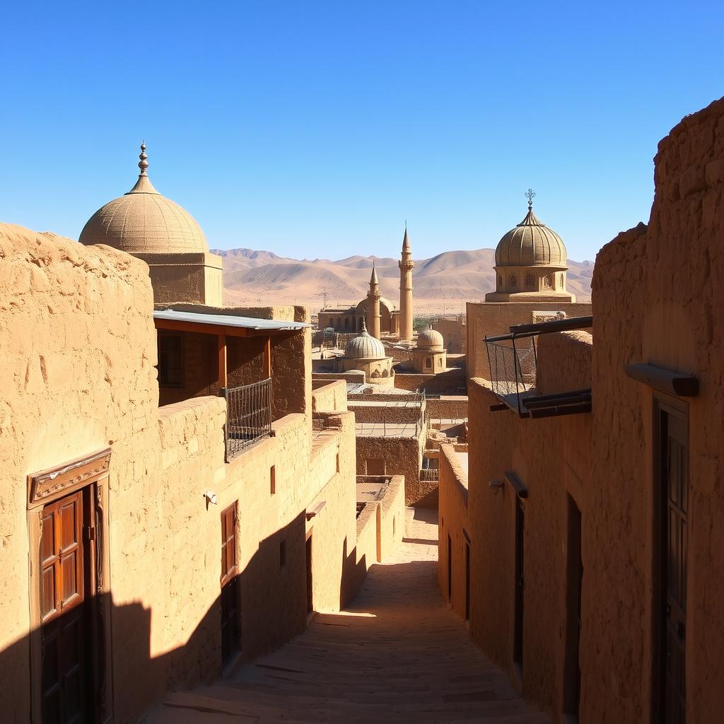 A simple and beautiful old city in Iran, showcasing traditional architecture with mud-brick houses, narrow alleyways, and ornate wooden doors