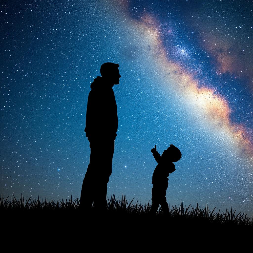 A heartwarming scene of a father and son standing together, gazing up at a stunning night sky filled with twinkling stars