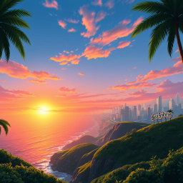 A breathtaking San Andreas-themed background for a poster, capturing the essence of Los Santos and the surrounding environment