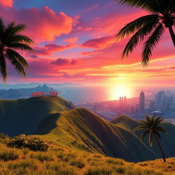 A breathtaking San Andreas-themed background for a poster, capturing the essence of Los Santos and the surrounding environment