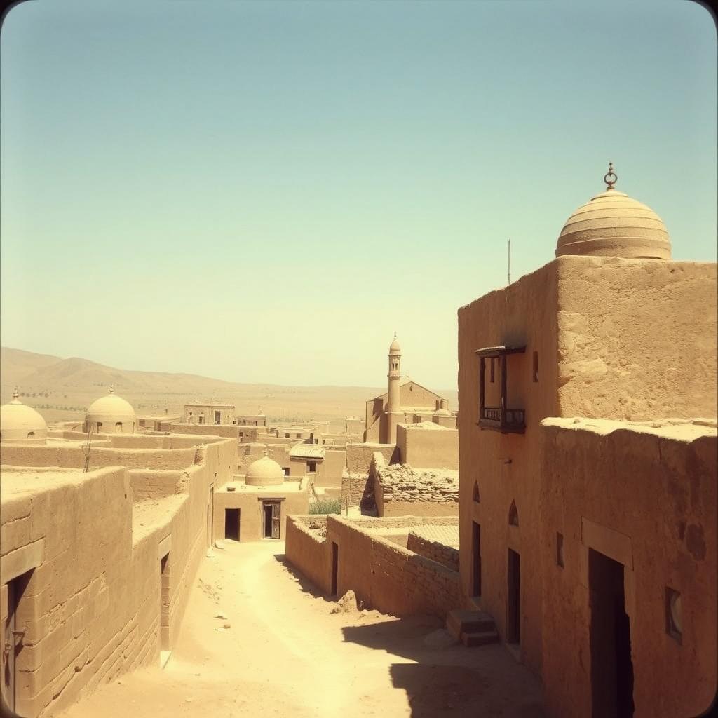 A vintage view of an old, simple city in Iran, characterized by traditional architecture with mud-brick buildings, narrow winding streets, and minimal ornamentation