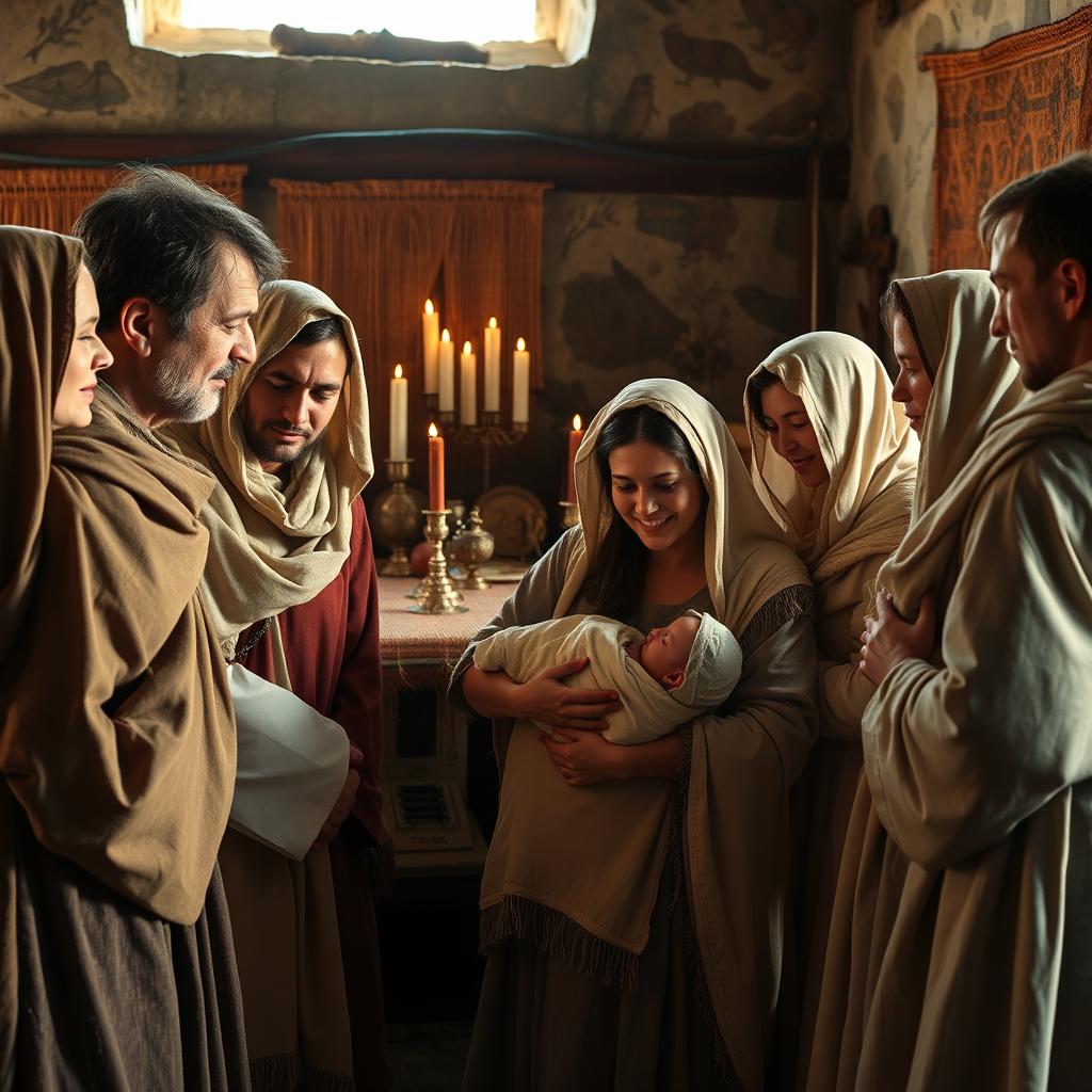 A historic scene capturing the moment a newborn baby is welcomed into a religious family, set in an ancient environment