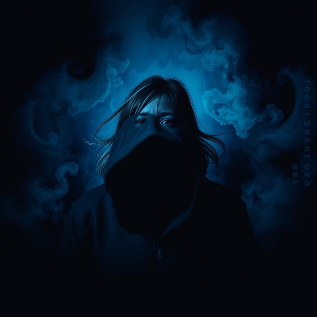 A dramatic scene featuring a girl behind a mysterious figure, both portrayed in a striking blue and black color spectrum