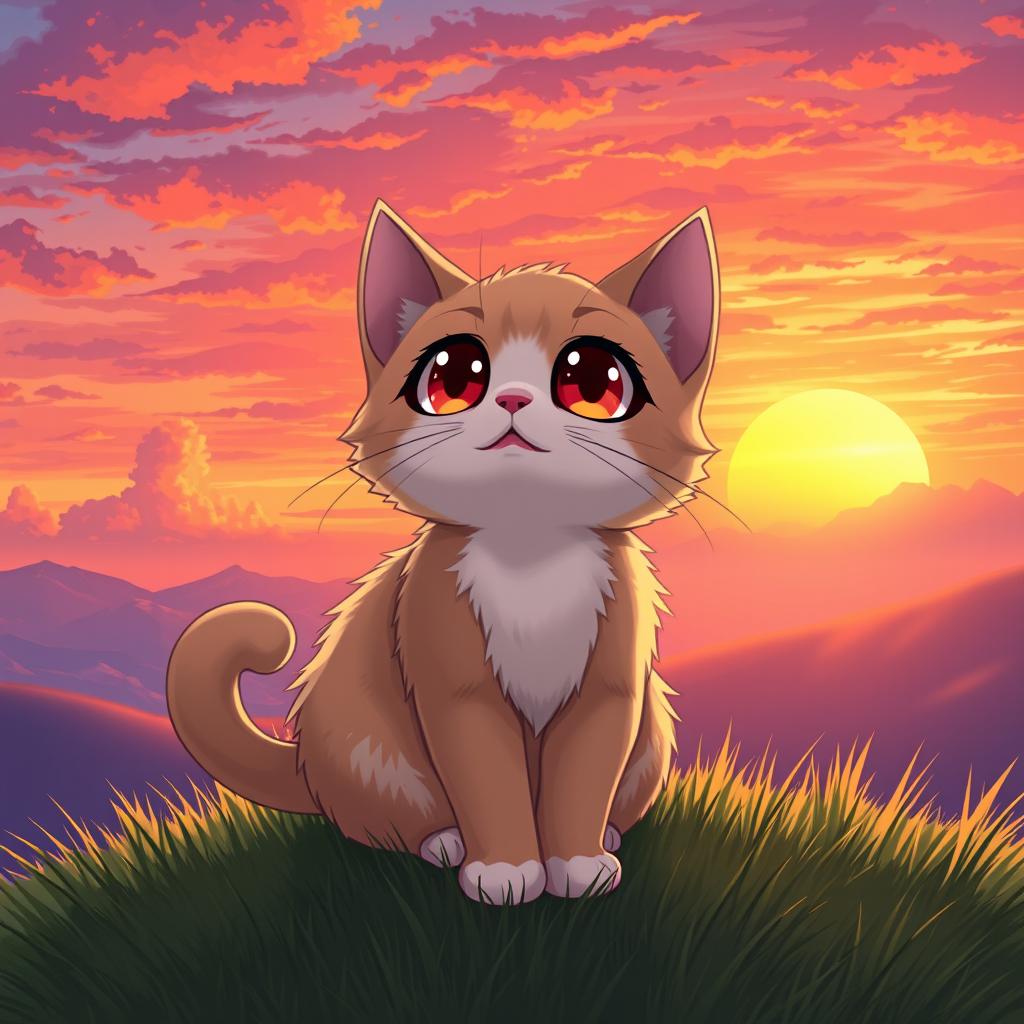 A cute cat with oversized anime-style eyes, sitting on a grassy hill, watching a magnificent sunset filled with vibrant oranges, pinks, and purples