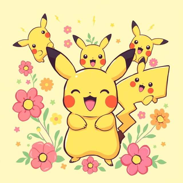 A cute and adorable Pikachu wallpaper design featuring Pikachu in various playful poses, surrounded by bright, colorful floral patterns and cartoonish lightning bolts