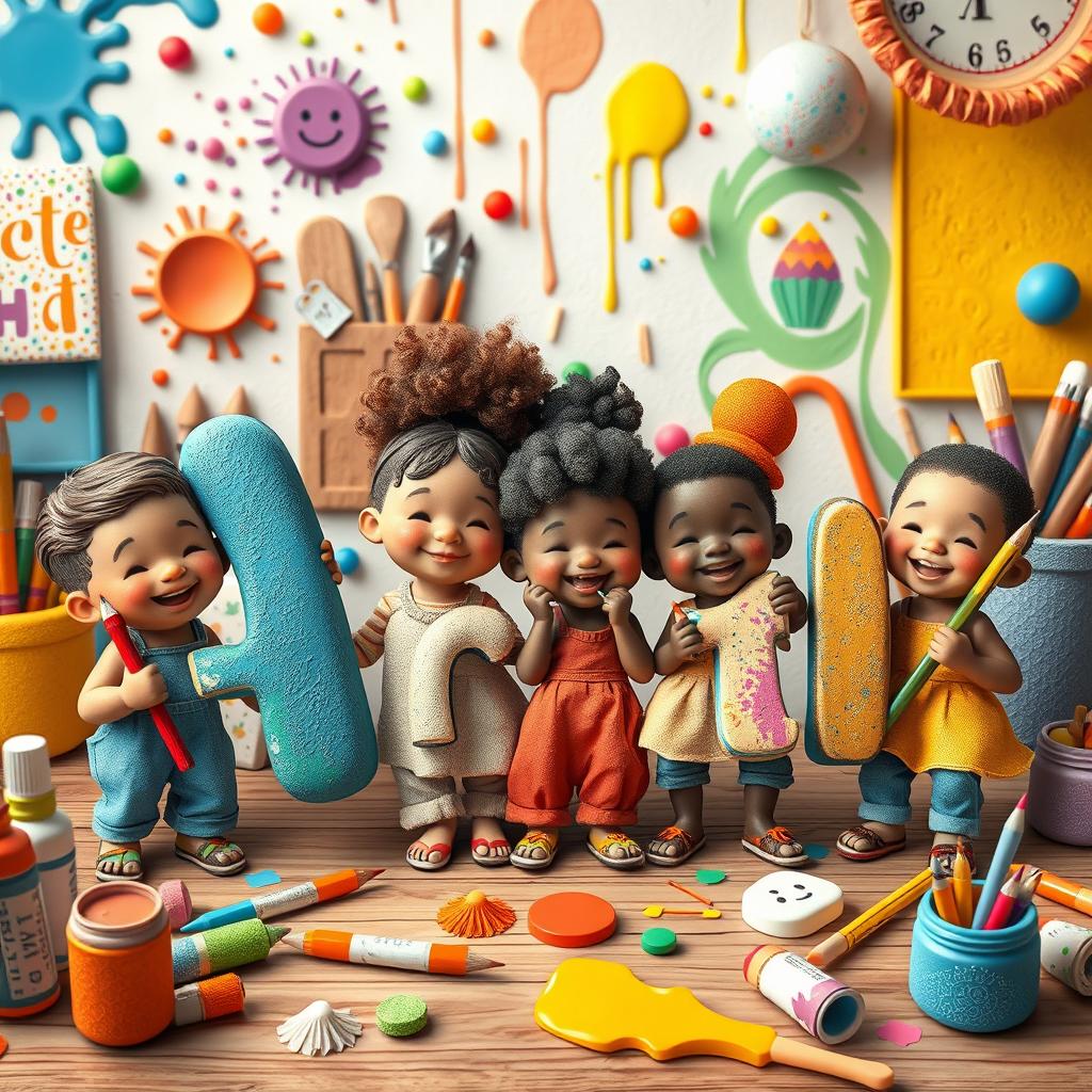 A whimsical scene depicting small, colorful characters happily creating the name 'Artin' with artistic tools