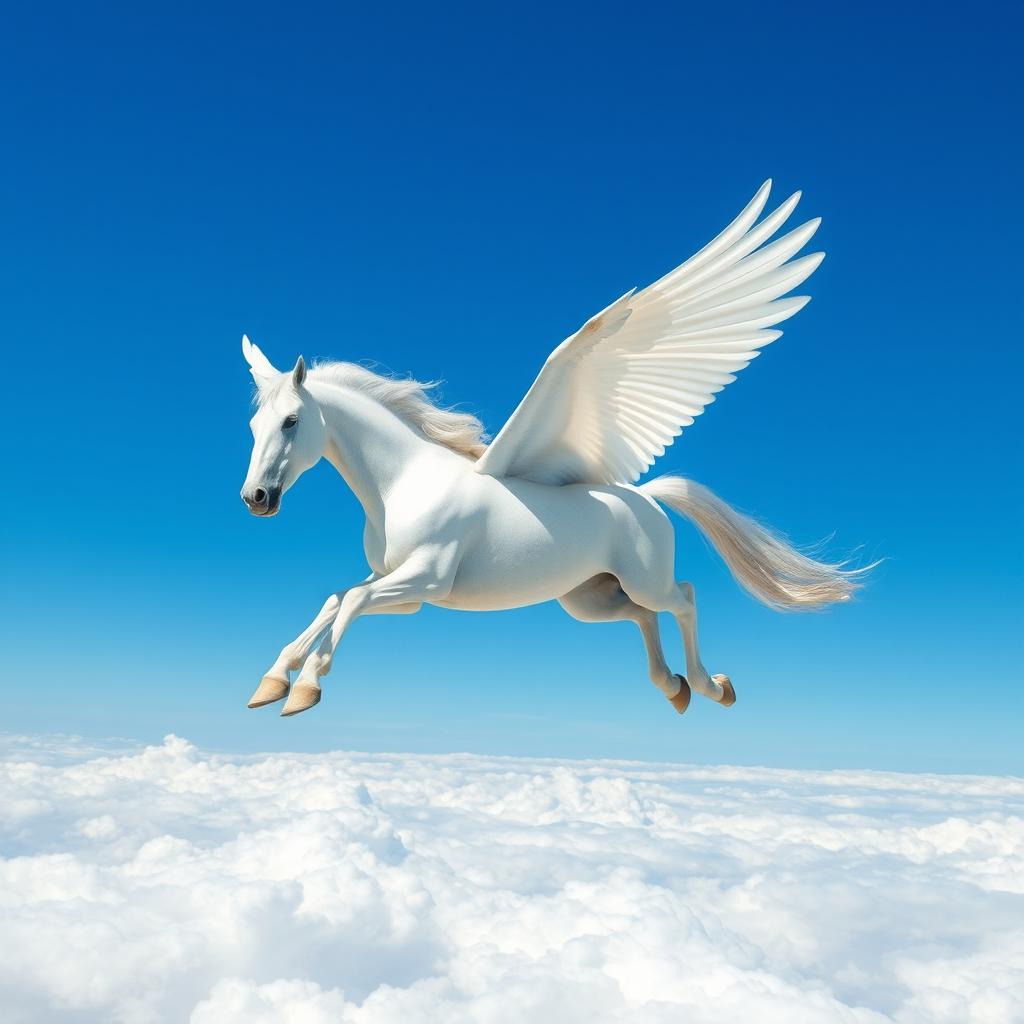 A majestic flying horse soaring through a bright blue sky, wings outstretched, glistening in the sunlight
