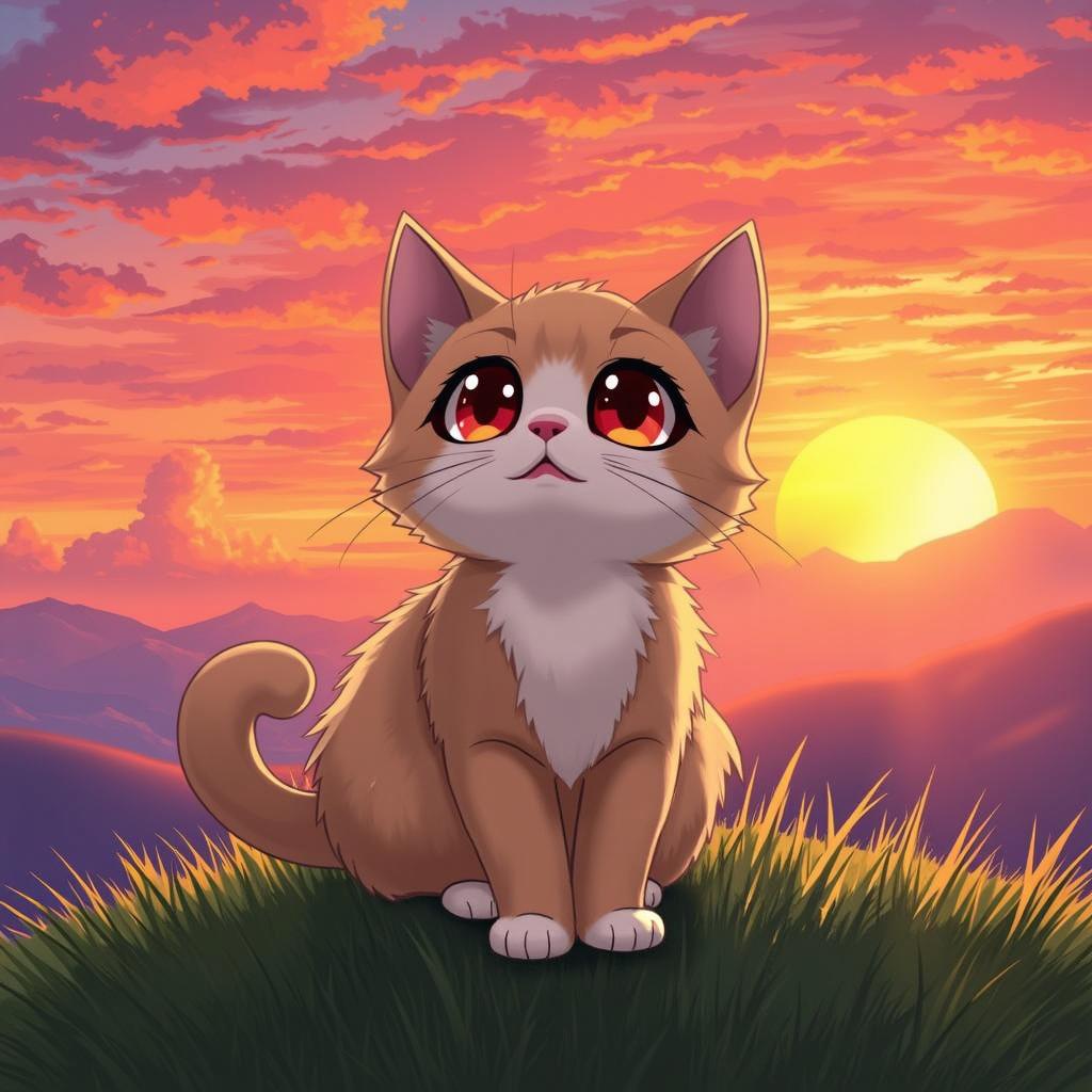 A cute cat with oversized anime-style eyes, sitting on a grassy hill, watching a magnificent sunset filled with vibrant oranges, pinks, and purples