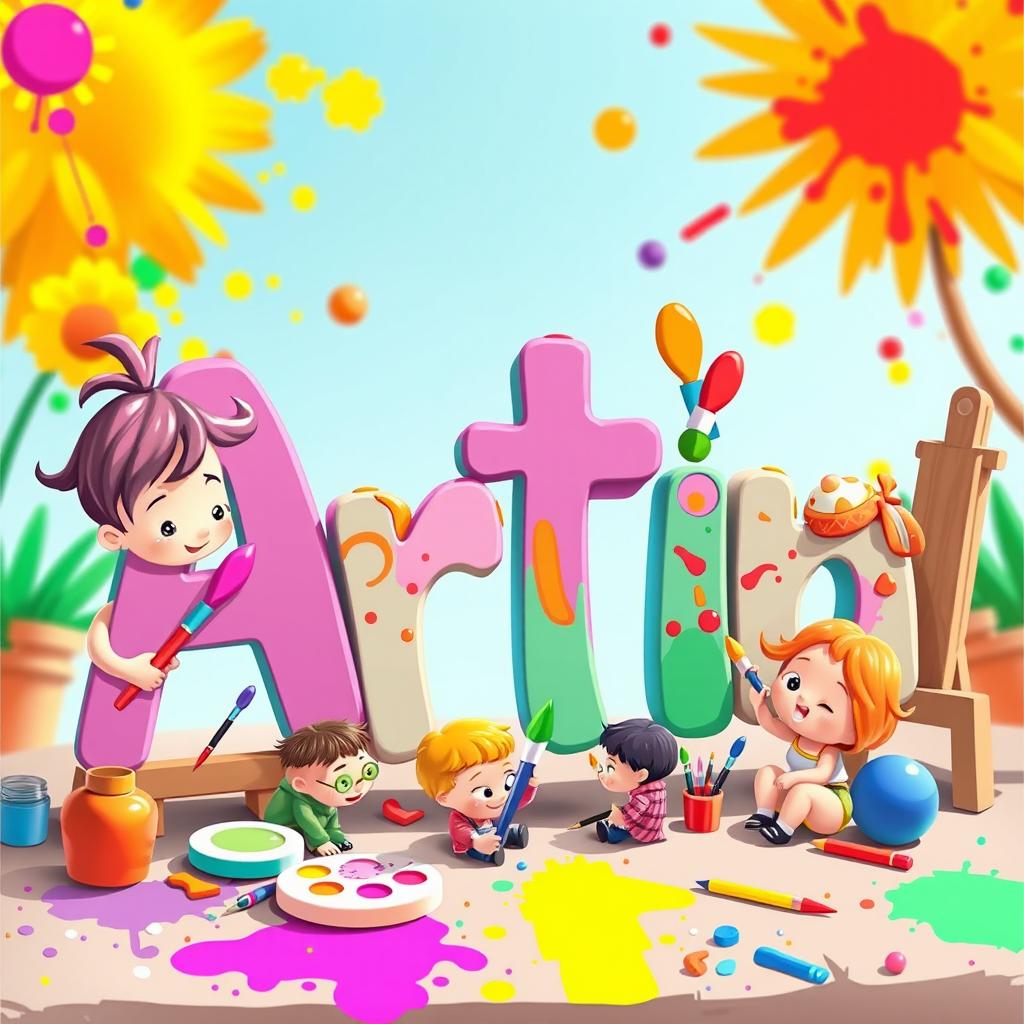 A whimsical scene of tiny characters, each with unique features and vibrant colors, collaboratively working together to creatively design the name 'Artin'