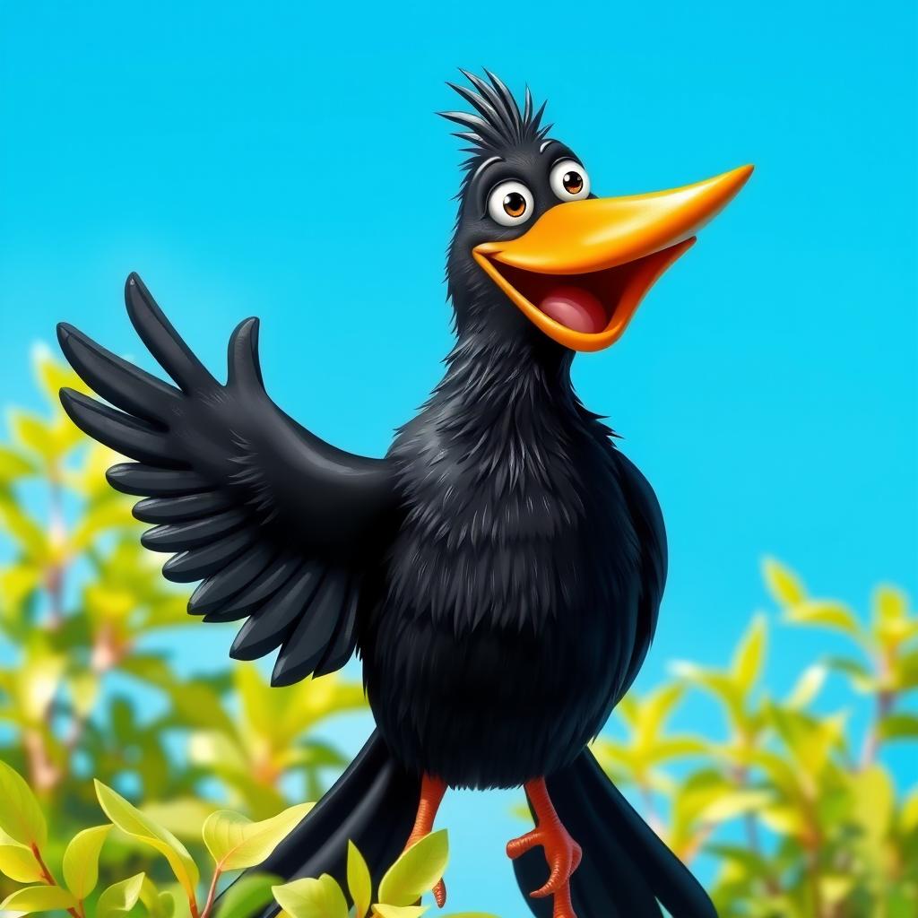 A humorous blackbird with a big grin, playfully waving one wing as if it’s greeting someone