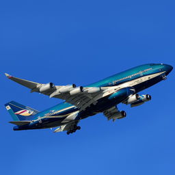 A majestic Boeing 747 in mid-flight against a clear sky. The large, four-engine jetliner sparkles under the sunlight as it cruises at a high altitude.