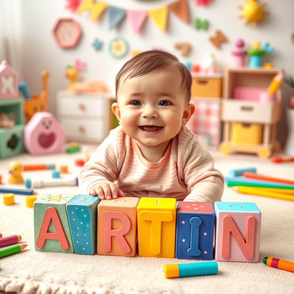 A cute scene featuring a tiny baby joyfully creating the name 'ARTIN' with colorful building blocks