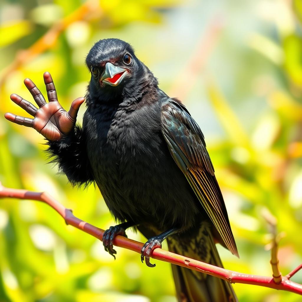 A realistic-looking blackbird, cheerful and whimsical in appearance, waving and grinning with a playful expression