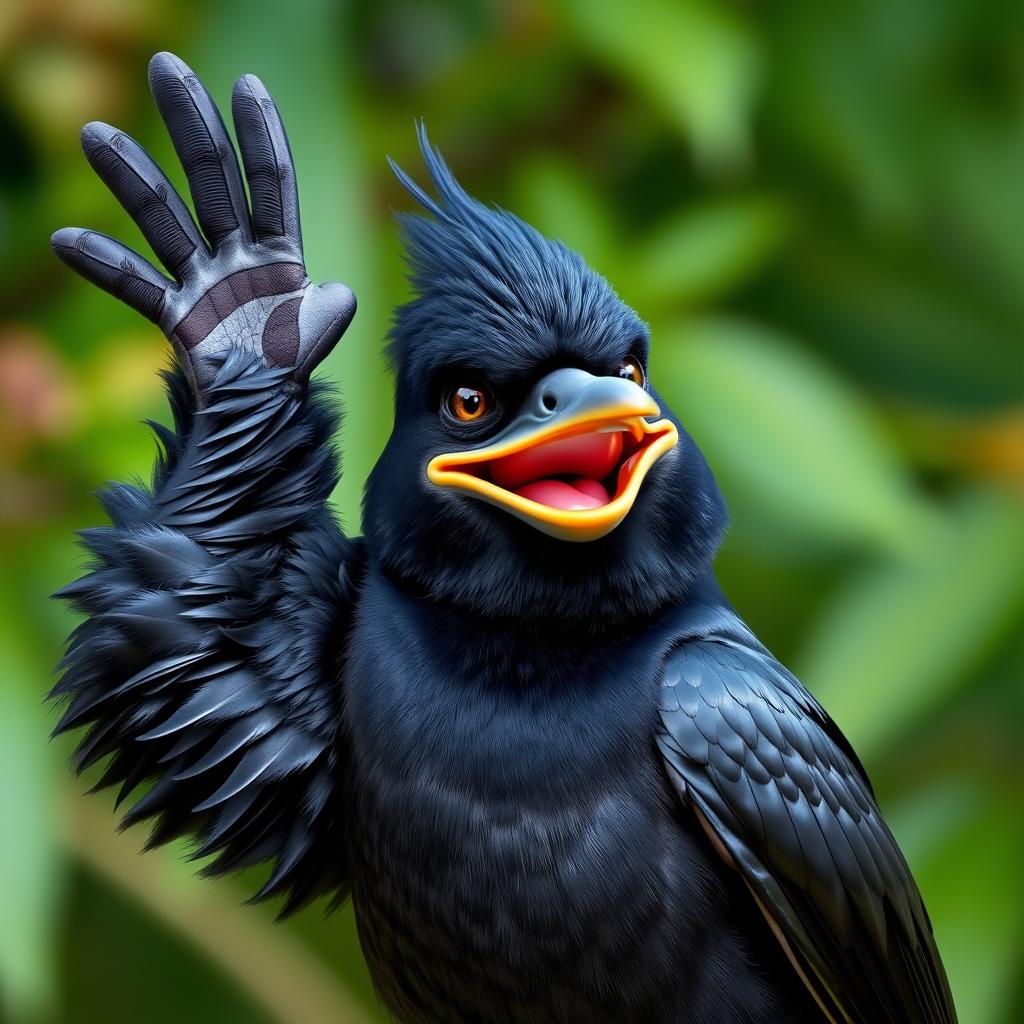 A realistic blackbird, anthropomorphized with a funny personality, waving its wing cheerfully while smiling broadly with a twinkling mouth