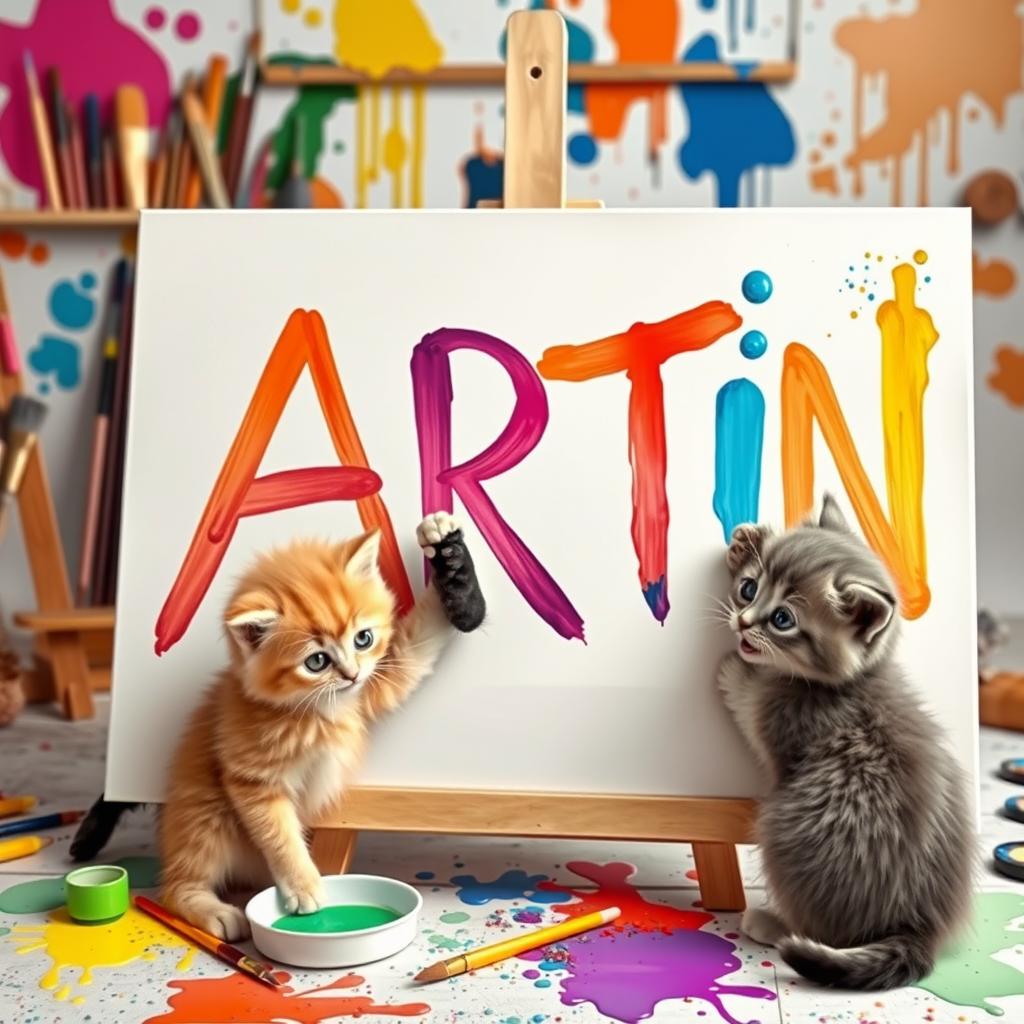 An adorable scene featuring playful kittens happily painting the name 'ARTIN' on a large canvas
